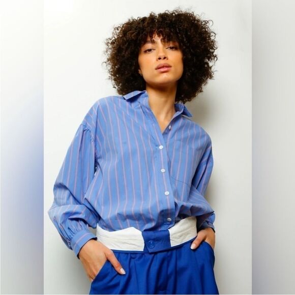 Rails Blue Button Down Puff Sleeve Janae in Lima Stripe Sz XS - Picture 4 of 16
